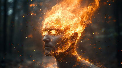 Man engulfed in flames, fiery head, mystical burning figure