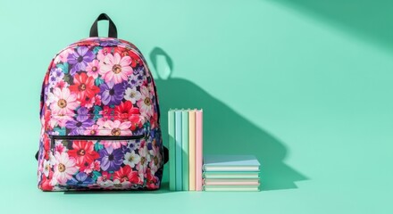 Floral Backpack and Colorful Books on Green Background. Ai generation