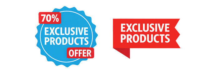 Exclusive products offer, featuring a blue badge and a red ribbon for promotion.