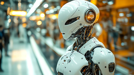 Advanced humanoid robot in futuristic factory setting