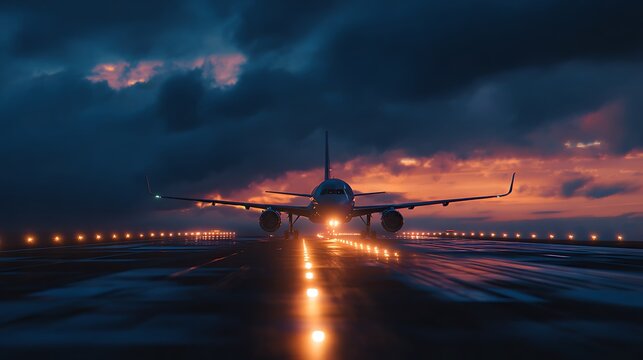 Airplane prepares for takeoff at dusk. Illustrates travel, aviation, global transport. Use for marketing, web design, editorial.