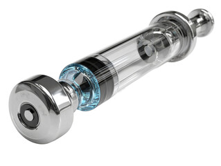 Medical syringe close-up clinical environment product photography. Isolated on transparent background, png.
