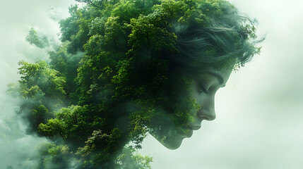 Woman's Face Merged with Lush Forest, Double Exposure, Nature and Person Concept