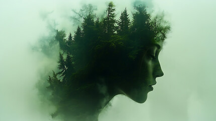 Woman's Face Double Exposure with Forest and Fog Nature's Embrace