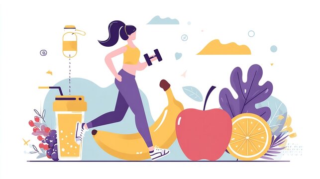 Healthy lifestyle with fitness and fruits concept, exercising and eating fresh food