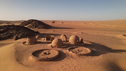 Whispers of Ancient Echoes in the Sahara Discovering weathered tombs and stone ruins at sunset with clear sky and smooth