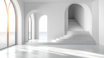 Modern Minimalist White Interior with Ocean View and Archways