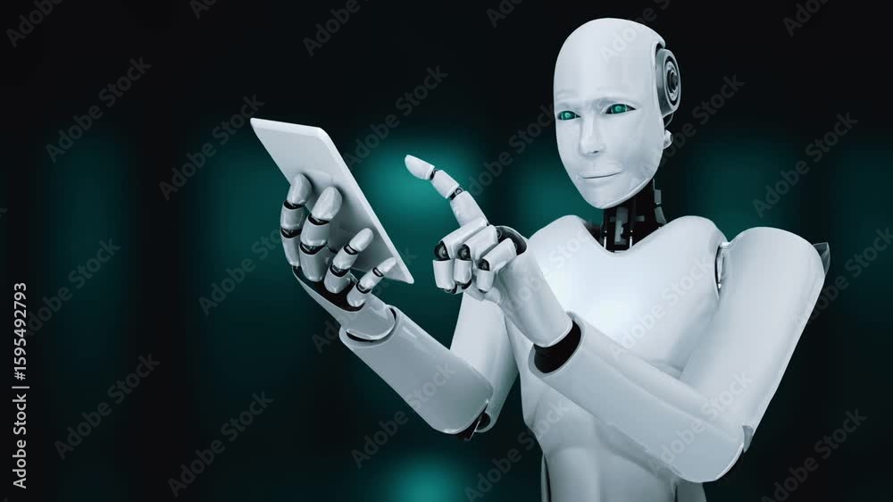 Poster robot hominoid use mobile phone or tablet for big data analytic using ai thinking brain , artificial