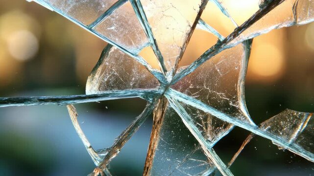 Broken glass pane with cracks radiating outward