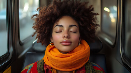 Peaceful Young Woman Napping on Public Transport