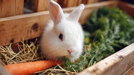 Obraz premium Adorable white bunny in a wooden crate filled with hay and vegetables