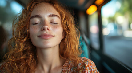 Peaceful Redhead Woman on Public Transport