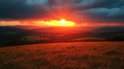Fiery Sunset over Rolling Hills
