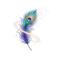 minimal flat style vector of peacock feather with glowing gradient and sparkles isolated on white