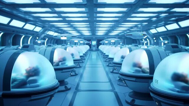Futuristic sleep pods with people in a cryogenic chamber.