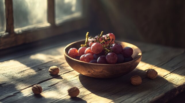 Red grapes in a wooden bowl on a rustic wooden surface.