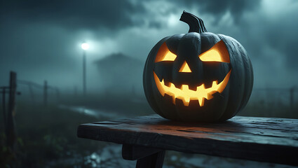 A spooky, carved jack-o'-lantern with an eerie orange glow on a weathered wood surface, against a dark, misty, and atmospheric landscape. Cinematic and moody.