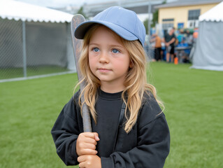 Young girl with long blonde hair wearing a blue cap and black sweatshirt, holding a baseball bat, standing on green grass in a vibrant outdoor setting, showcasing youthful enthusiasm and sports spirit