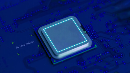 Close-up of a glowing futuristic AI chip with a digital frame embedded on a dark blue circuit...