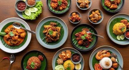 An abundant and colorful spread of traditional Indonesian and Southeast Asian dishes beautifully arranged on a wooden table.