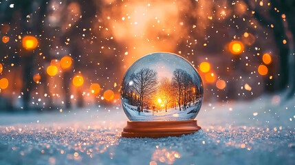 Enchanting Winter Snow Globe Scene Sunset in a Frozen Wonderland