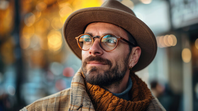 Stylish man with hat and glasses gazing into the distance, exuding confidence and thoughtful expression. - Powered by Adobe