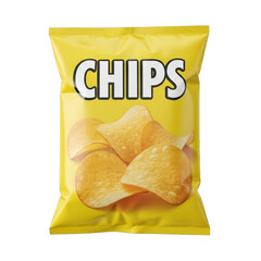 Bright yellow potato chips bag with delicious crispy chips displayed prominently on transparent background