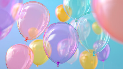 Colorful transparent balloons floating against a pastel gradient background.