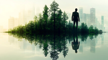 Businessman Silhouette on Island of Trees Reflecting in Water with City Skyline in Background