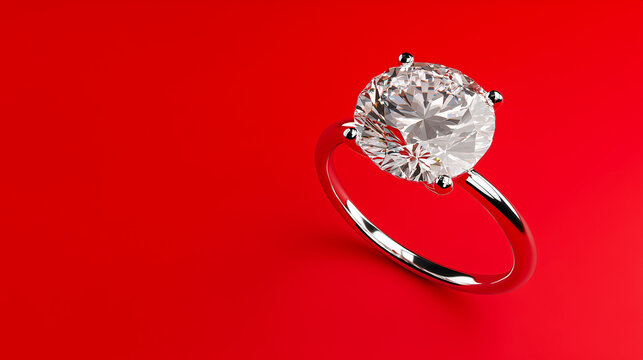 Silver engagement ring with a large diamond on a vibrant red background.