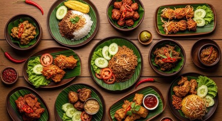 Assorted Indonesian dishes displayed on various plates and banana leaves, showcasing a diverse range of cuisines.