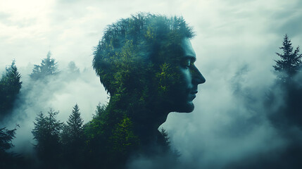Man and Nature A Double Exposure of a Serene Mind in a Misty Forest
