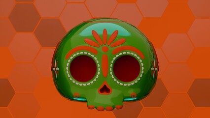 Green decorative sugar skull with hexagon orange background for Mexican celebration