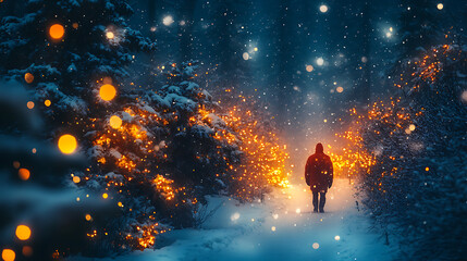 Solitary Figure Walking Through a Magical Snow-Covered Winter Forest Path Illuminated by Warm Lights