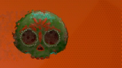 Glitched decorative green skull with hexagon distortion and orange background texture