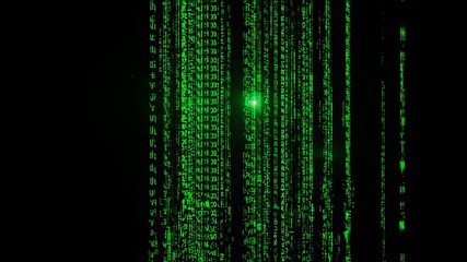Green code rain animation with a central light source on a transparent background