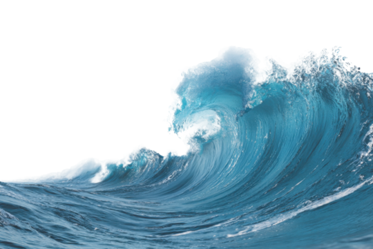 Dynamic ocean photography crashing waves and nature's power. Isolated on transparent background, png.