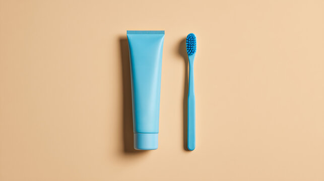 Blue toothbrush and toothpaste tube on a beige background.