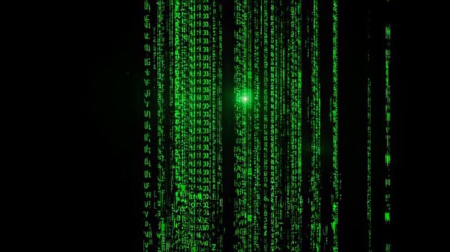 Green code rain animation with a central light source on a transparent background