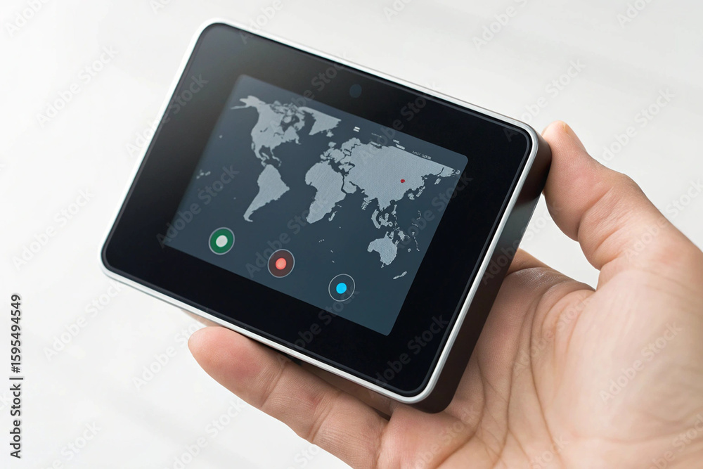 Poster hand holding smart home device with world map interface for iot and automation technology display