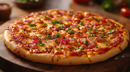 Delicious Homemade Pepperoni Pizza with Red Onions and Fresh Parsley