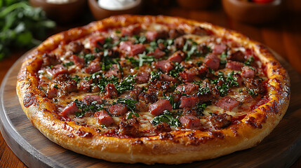 Delicious Homemade Pepperoni and Sausage Pizza on Wooden Board