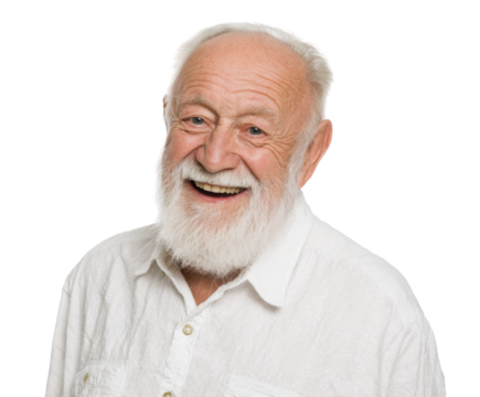Joyful elderly man smiling indoor portrait bright atmosphere. Isolated on transparent background, png.