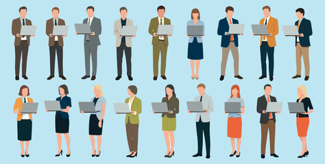 Professional business people working on laptops, standing in line, male and female colleagues, full-length vector illustration for corporate and technology themes.