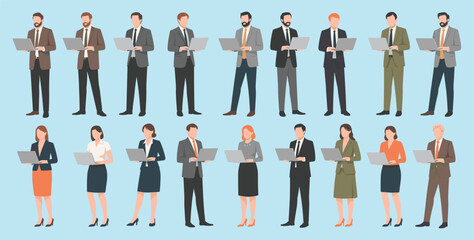 A collection of diverse professional business people, men and women, standing with laptops, a modern flat vector illustration for corporate technology and digital teamwork.