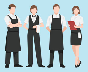 Professional restaurant staff, a group of waiters and waitresses standing together, providing excellent service in the hospitality industry, full-length vector illustration for food and beverage.