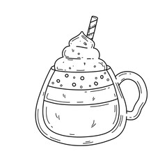 Hand drawn coffee drink with whipped cream and straw in glass cup. Hot or cold coffee beverage in doodle style. Outline vector illustration isolated on white background