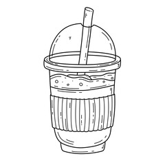 Doodle plastic cup with sphere dome cap with straw. Milkshake, lemonade, smoothie, coffee cup. Isolated vector Illustration on white background