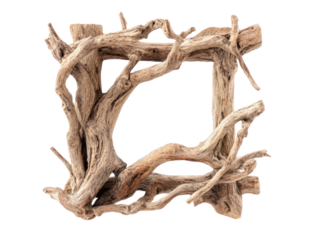 Artistic driftwood frame creation studio woodwork natural close-up. Isolated on transparent background, png.