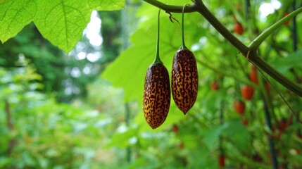 Two speckled fruits hang from a branch.